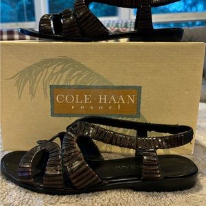 Color Haan pull on sandal…black with dark brown overlay.